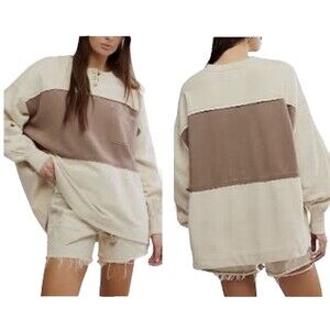 NWT  Free People Strawberry Sweatshirt Women Medium Cream Brown Neutra Long Slee